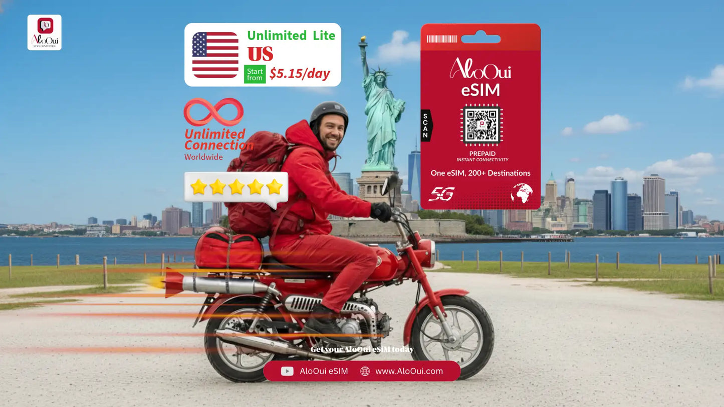 Man on a bike with AloOui eSIM and Liberty Statue scenery
