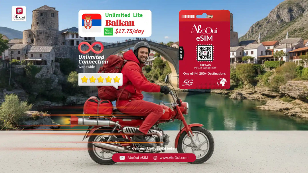 Man on a bike with AloOui eSIM and Balkans scenery