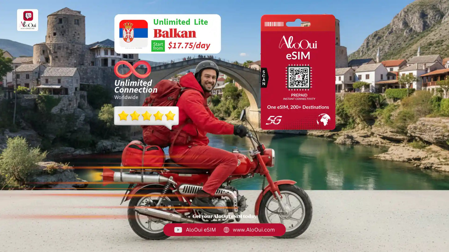 Man on a bike with AloOui eSIM and Balkans scenery