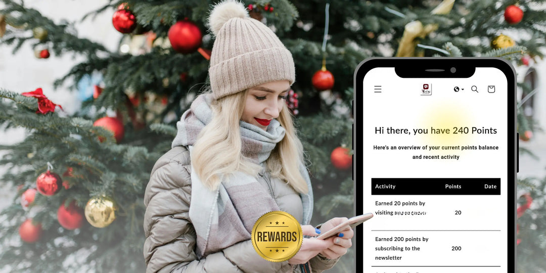 Woman in winter clothing using a phone with AloOui reward in front of Christmas trees.