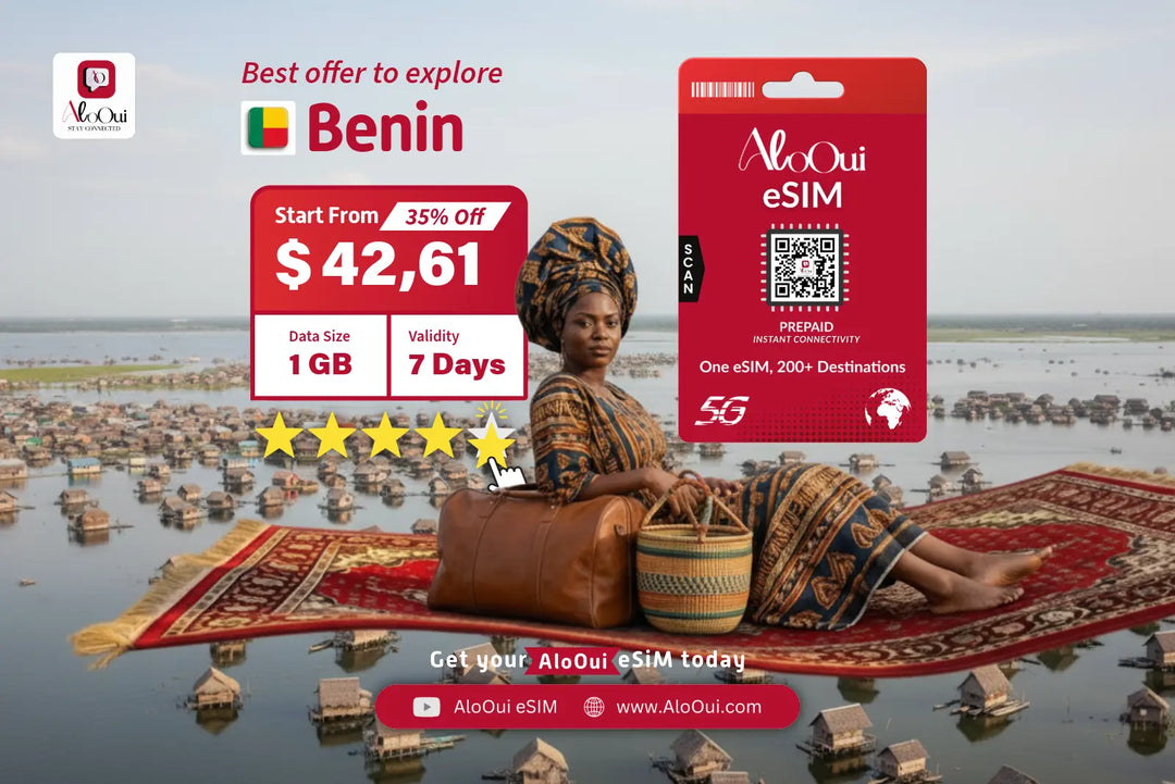 AloOui eSIM with Benin scenery and woman in traditional attire