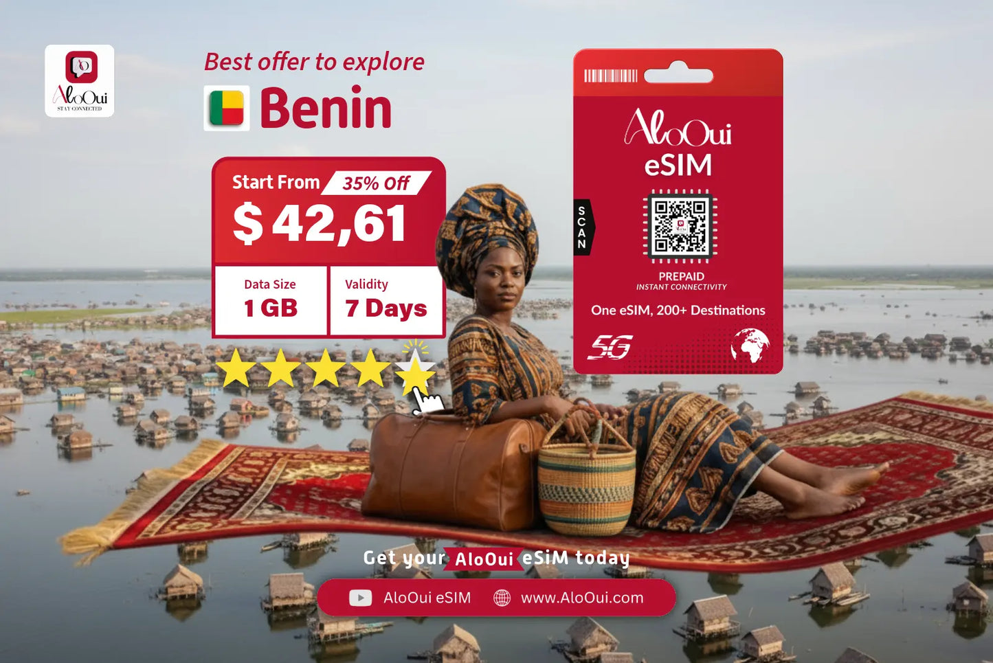 AloOui eSIM with Benin scenery and woman in traditional attire