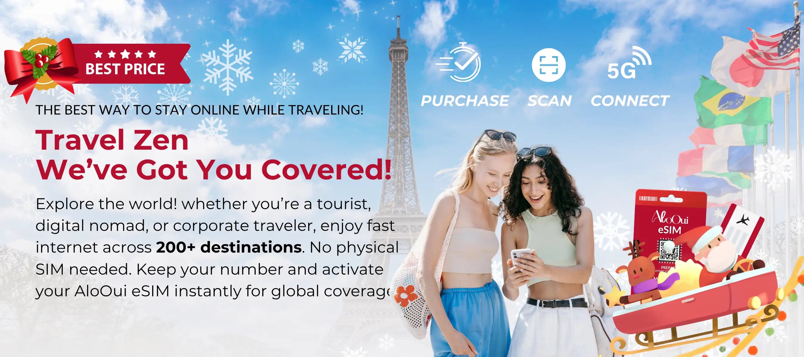 AloOui eSIM banner with two women, the Eiffel Tower and Christmas ornaments