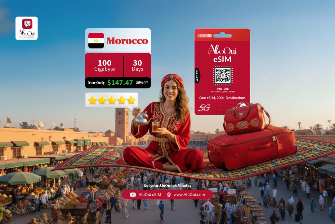 Awoman in a market setting, with Morocco AloOui eSIM