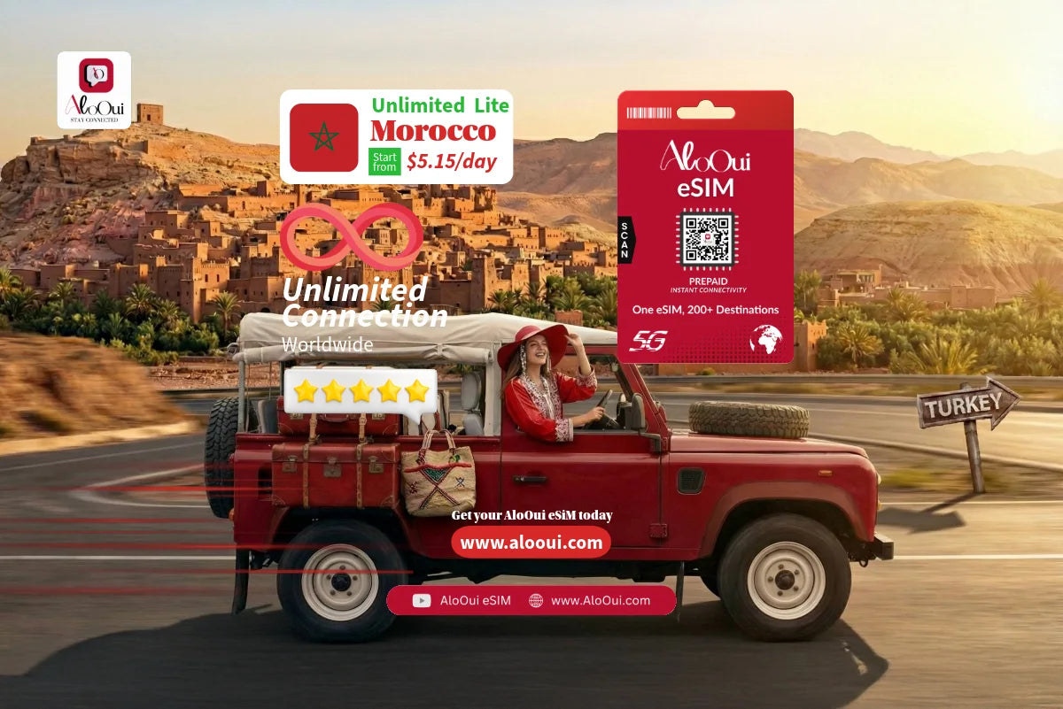 Red truck with a person on a road with mountains in the background, with Morocco AloOui eSIM